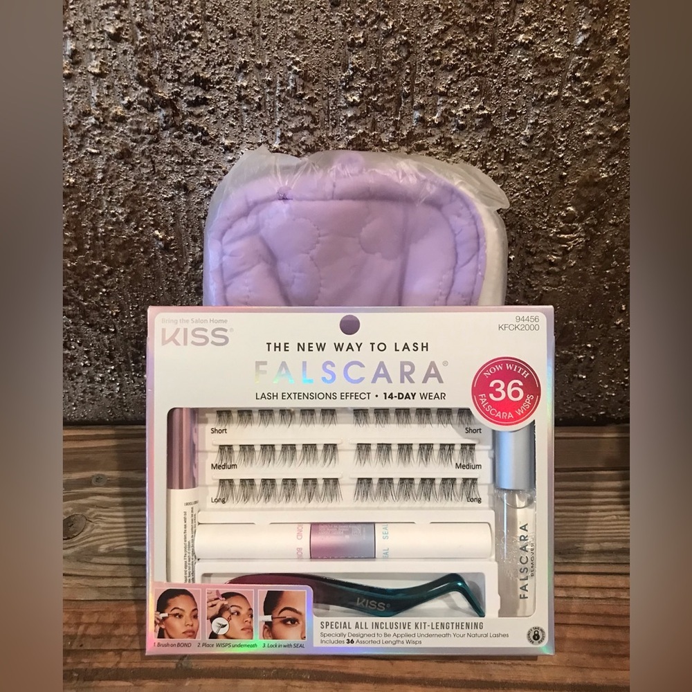 NWT KISS Falscara Starter Lash Extension Kit Deluxe & Purple Puffer Makeup Bag